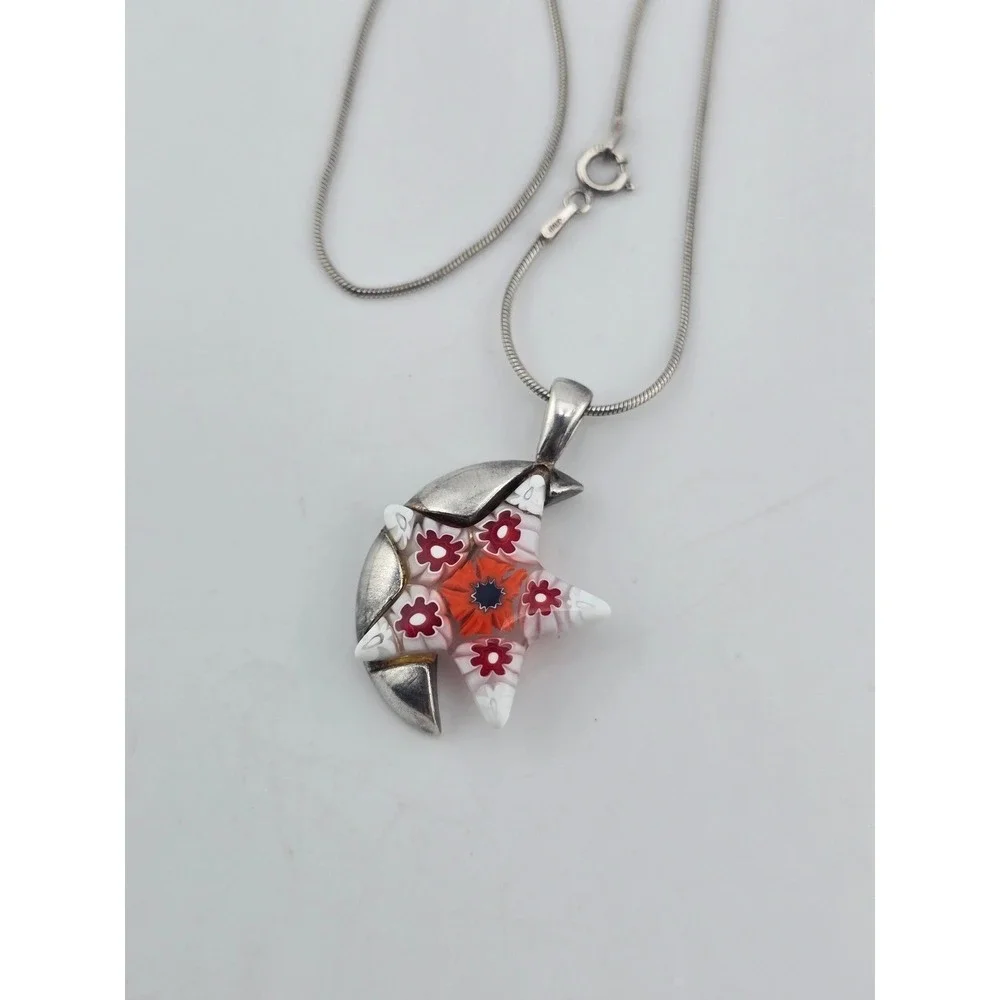Vintage Venetian Millefiori Sterling Italy Star & Moon Pendant Necklace